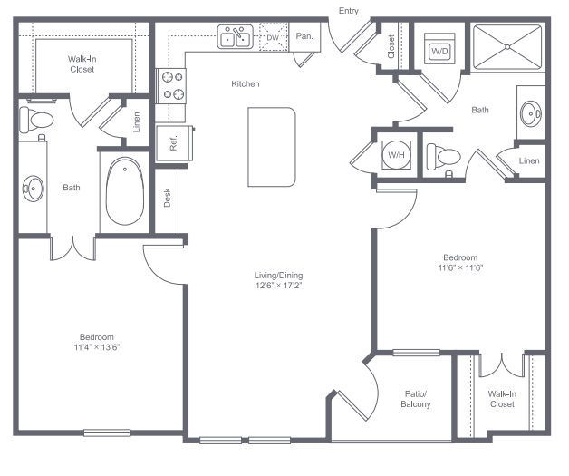 2 bedroom 2 bath apartment with kitchen island, dining area and private patio at 1011 square feet - Park Central at Flower Mound