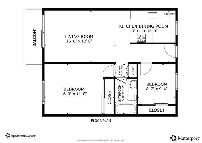 Floor Plan - 2BR, 1BA - 800SF - Brentwood Apartments