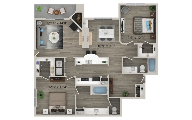 Two Bedroom Two Bath Floor Plan - Halston on Frankford