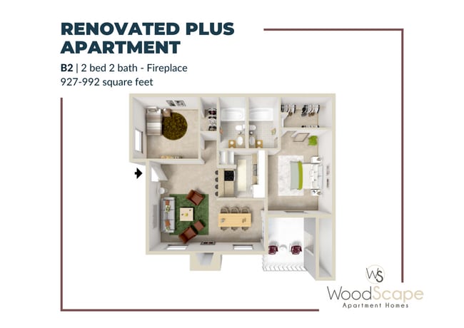 b2 fireplace renovated plus - Woodscape Apartments