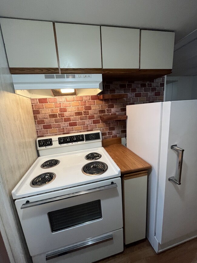 New Brick backsplash added with butcher block shelves for spices and butcher block counter top - 11 W Oak St