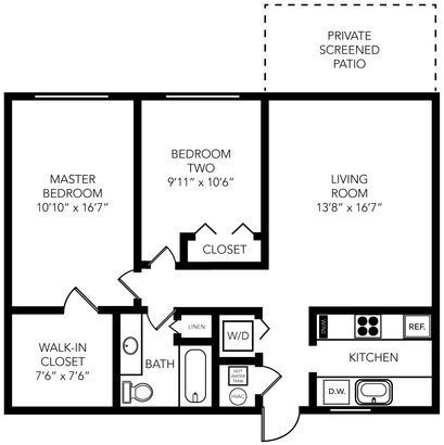 Floor plan image showing 2 bed, 1 bath with approximately 860 square feet. - Bayside Villas