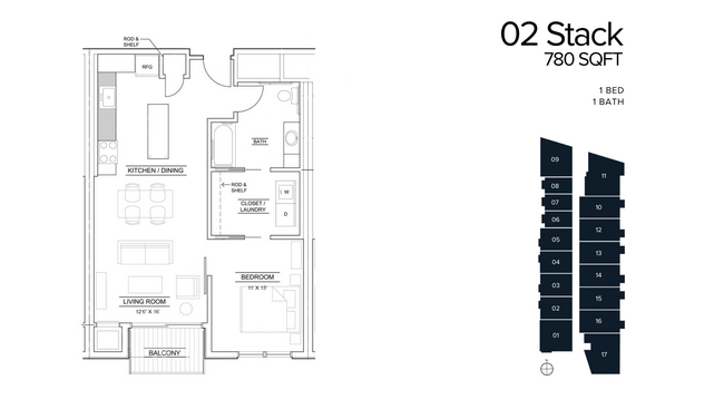 1 Bed, 780 SQFT - The Quentin