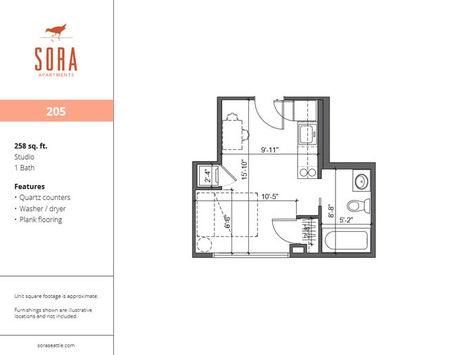 Unit 205 - 258 SQFT - Sora Apartments