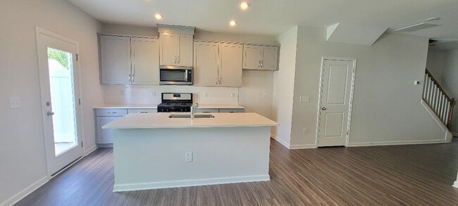 Kitchen with large island, quartz counters, grey cabinets and walk-in pantry - 804 Oak Center Dr