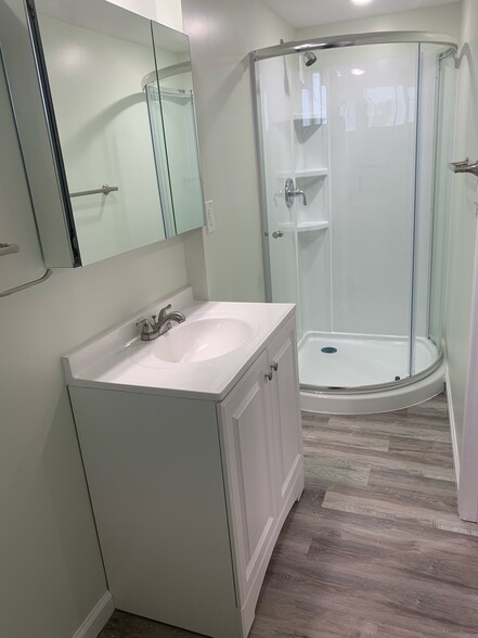 Bathroom with glass shower enclosure. - 1225 Newfield Rd