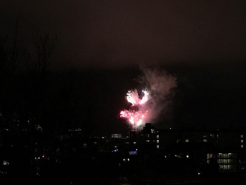 The view of fireworks at Space Needle from the rooftop deck on New Year's Eve. - 211 13th Ave E