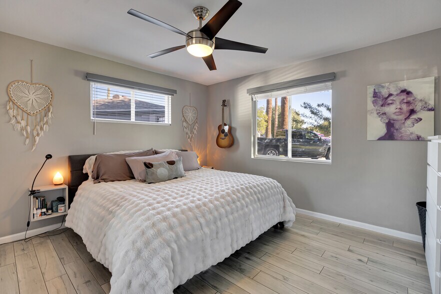 Primary bedroom with non-toxic mattress, memory topper, and blackout shades - 6136 N 9th St