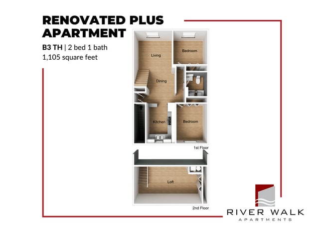 B3 Town Home Renovated Plus Floor Plan - River Walk Apartments