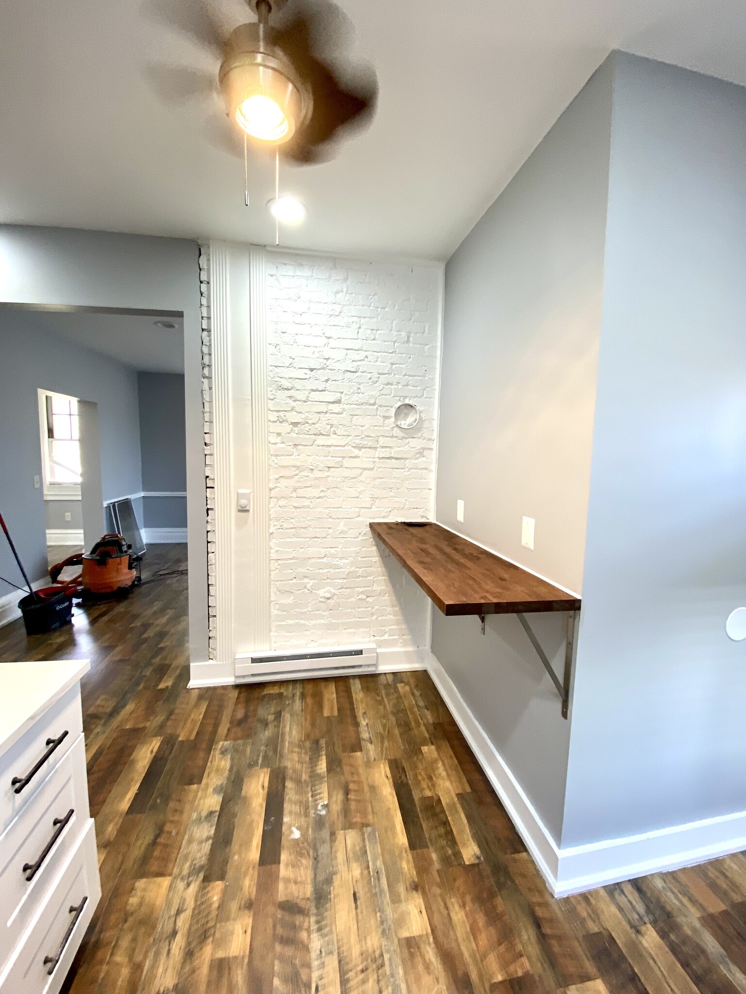 Butcher block sitting area in kitchen of apartment A. - 605 Beechwood Ave