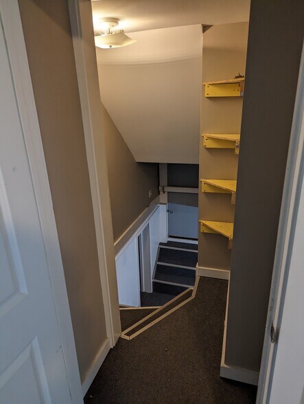 Stairs down to basement, with storage shelves - 1042 Cameron St
