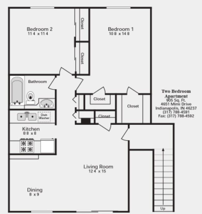 2BR/1BA Floor Plan - Ninth Avenue Apartments