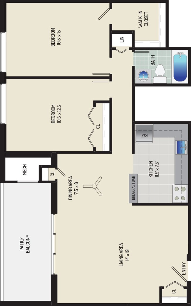 2 BR/ 1 BA (Style H1) | 945 sq. ft. - Columbia Park Apartments