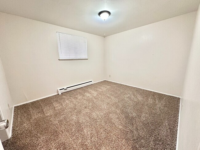 Bright, spacious bedroom with plush carpeting and a modern light fixture, offering a cozy and inviting atmosphere. - 7250-7290 Newton Street