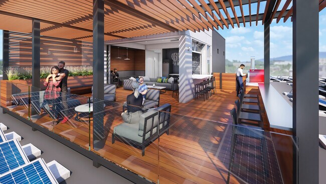 Rooftop terrace with firepits, pizza oven, barbecues, seating areas and indoor kitchen with lounge - 77 Pine St
