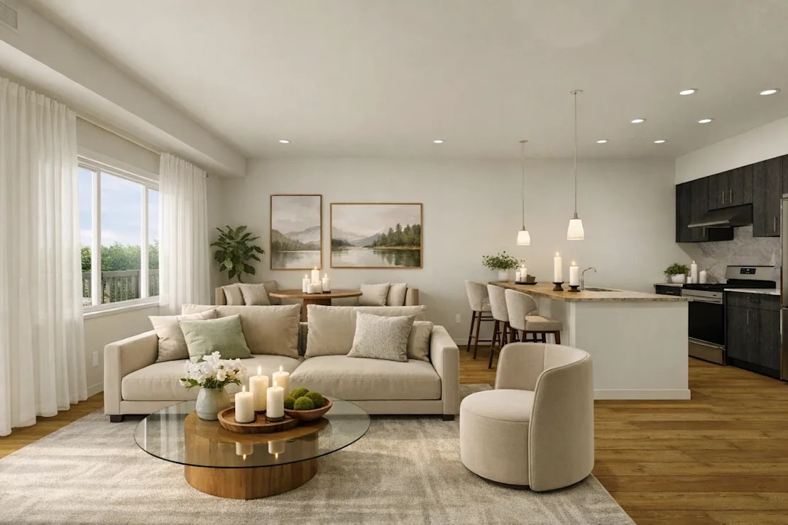 Living room and kitchen area - Hearthstone Lodge Senior Residences