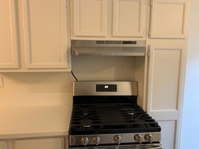 View of the kitchen cabinets and stove/oven. - 24606 University Ave