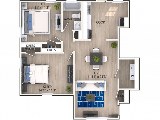 2x1 Duplex Floorplan - Forest Vale Apartments