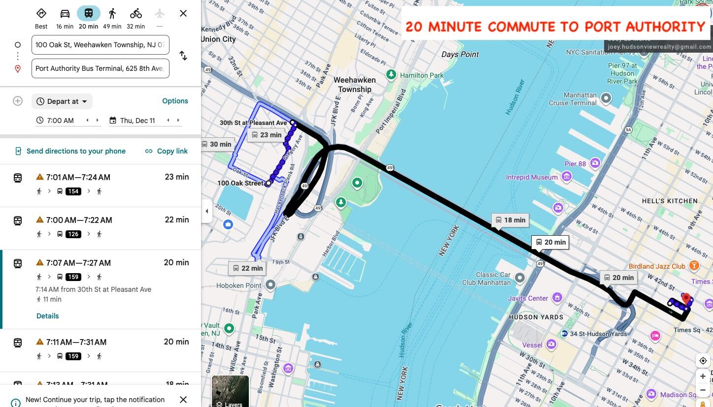 Commuter map to Port Authority (NYC) - 100 Oak St