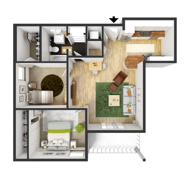 3D Floor Plan - 795 SF - 2BR/1 Bath - Oakcrest Condominiums