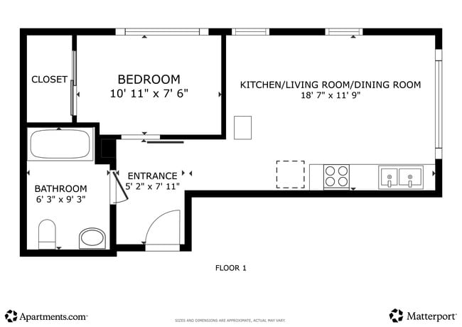 1BR, 1BA - 433SF - Floor 1 - Lake View