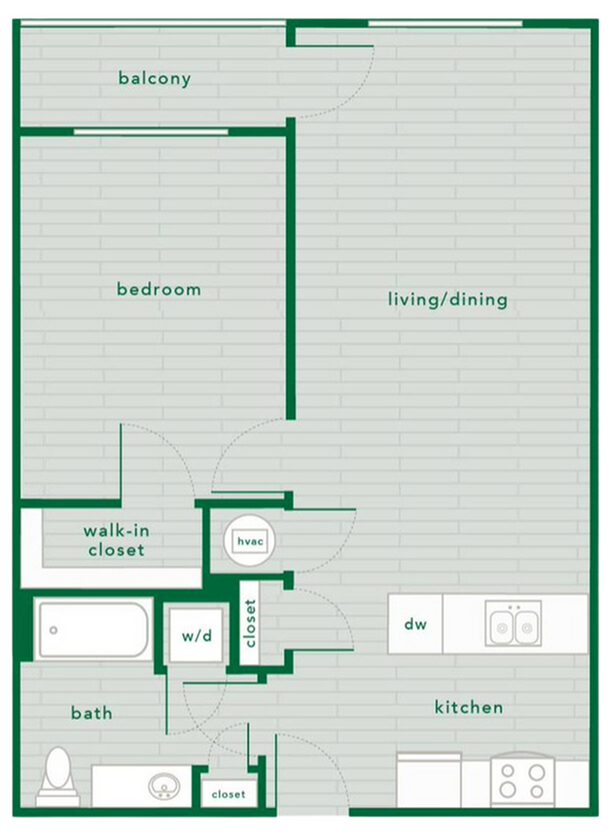 Explore this sleek one-bedroom design with open spaces and a cozy balcony. - The Piedmont Raleigh