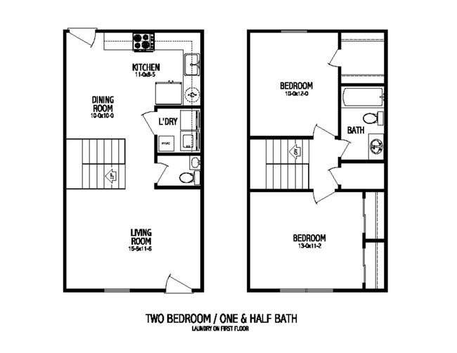 2BD 1.5 BA Floorplan - Village Townhomes of Oxford