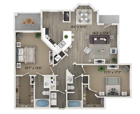 Two Bedroom Two Bath Floor Plan - Halston World Gateway Apartment Homes