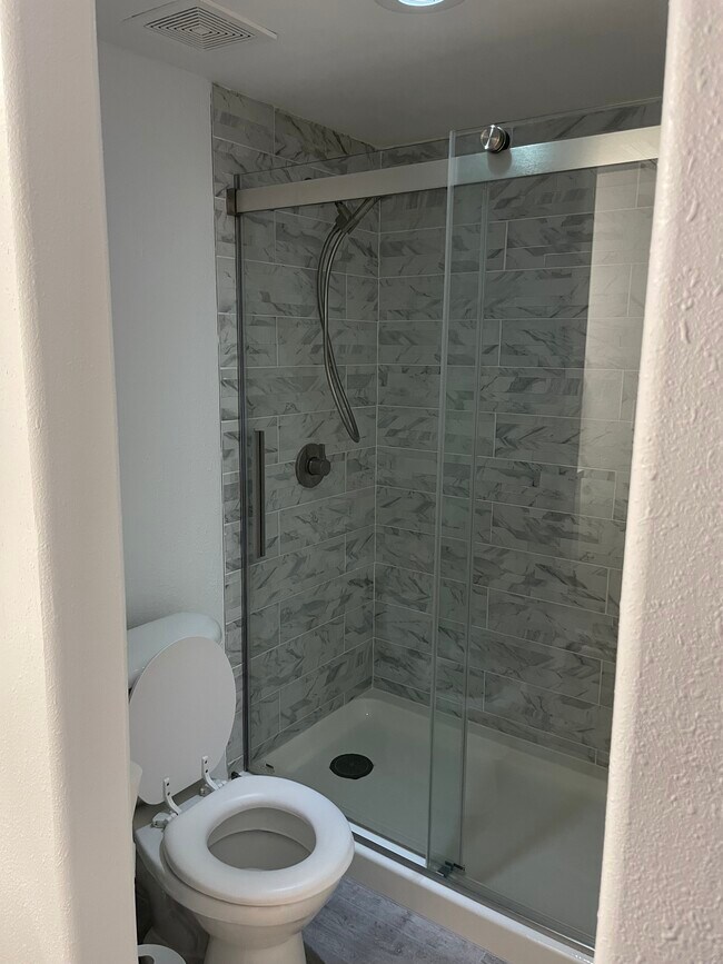 Bathroom with Hans Grohe shower fixture and built-in shelves - 1810 E Blacklidge Dr