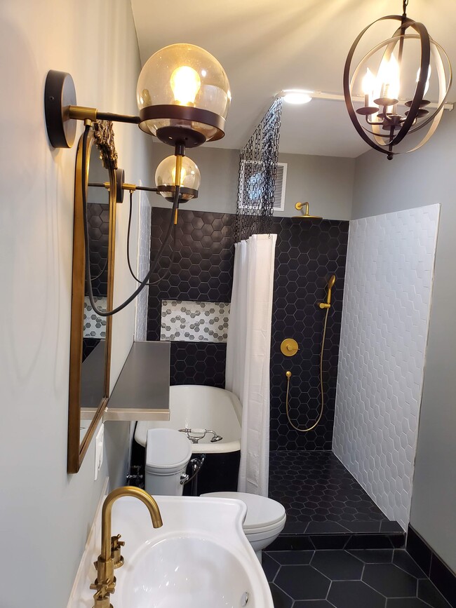 Bathroom with separate shower and antique claw-foot tub. French-style sink, recessed lighting and signature light fixtures. - 579 W. 13th St