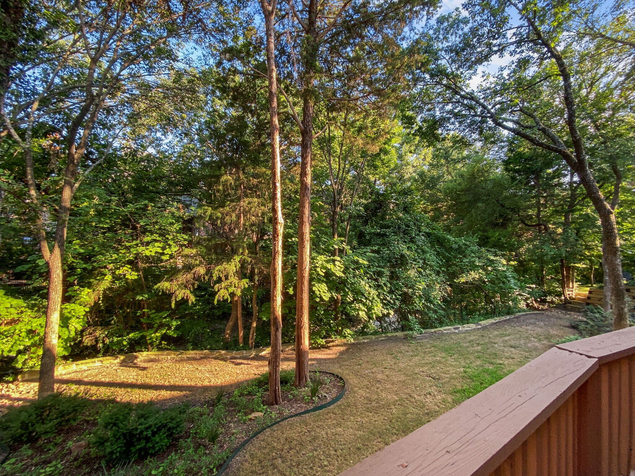 View from covered deck of wooded backyard with creek view. - 1314 Creekwood Dr