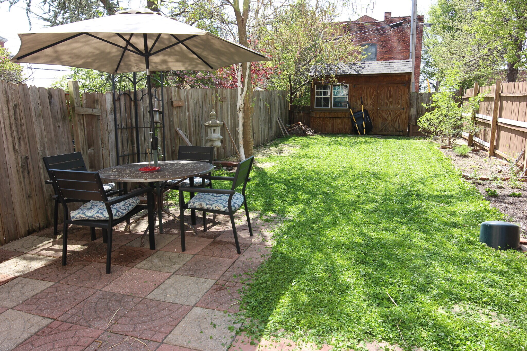 Fenced-in backyard with patio and large storage shed. BBQ in shed for you to use. - 1626 Carroll St