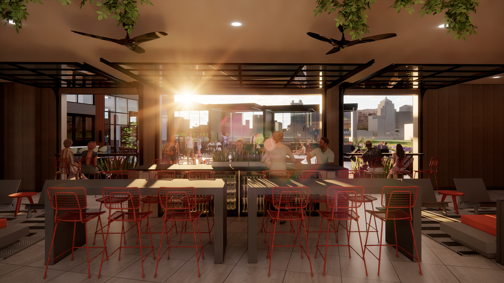 The Terrazza Rooftop lounge with downtown Columbus views. - The Patent at Jeffrey Park