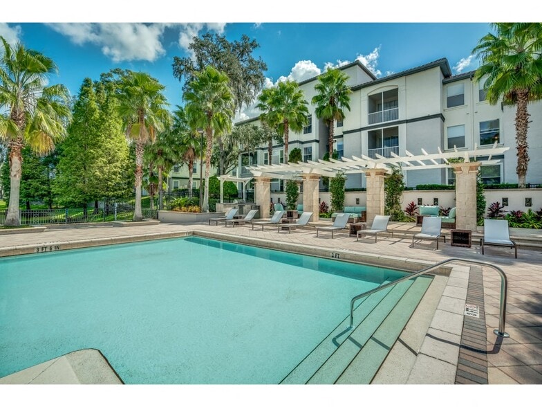 Pool area with lounge seating and umbrellas - Sanctuary at Highland Oaks
