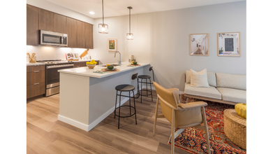 Spacious living room with open concept designer kitchen - Modera LoHi