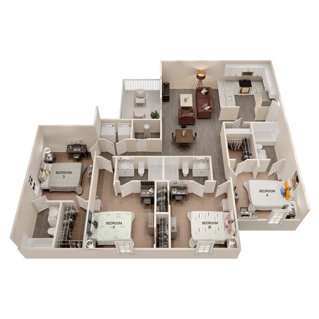 D1 Premium: 4BD | 4 BA | 1312 SF - The Hills Southview Apartments