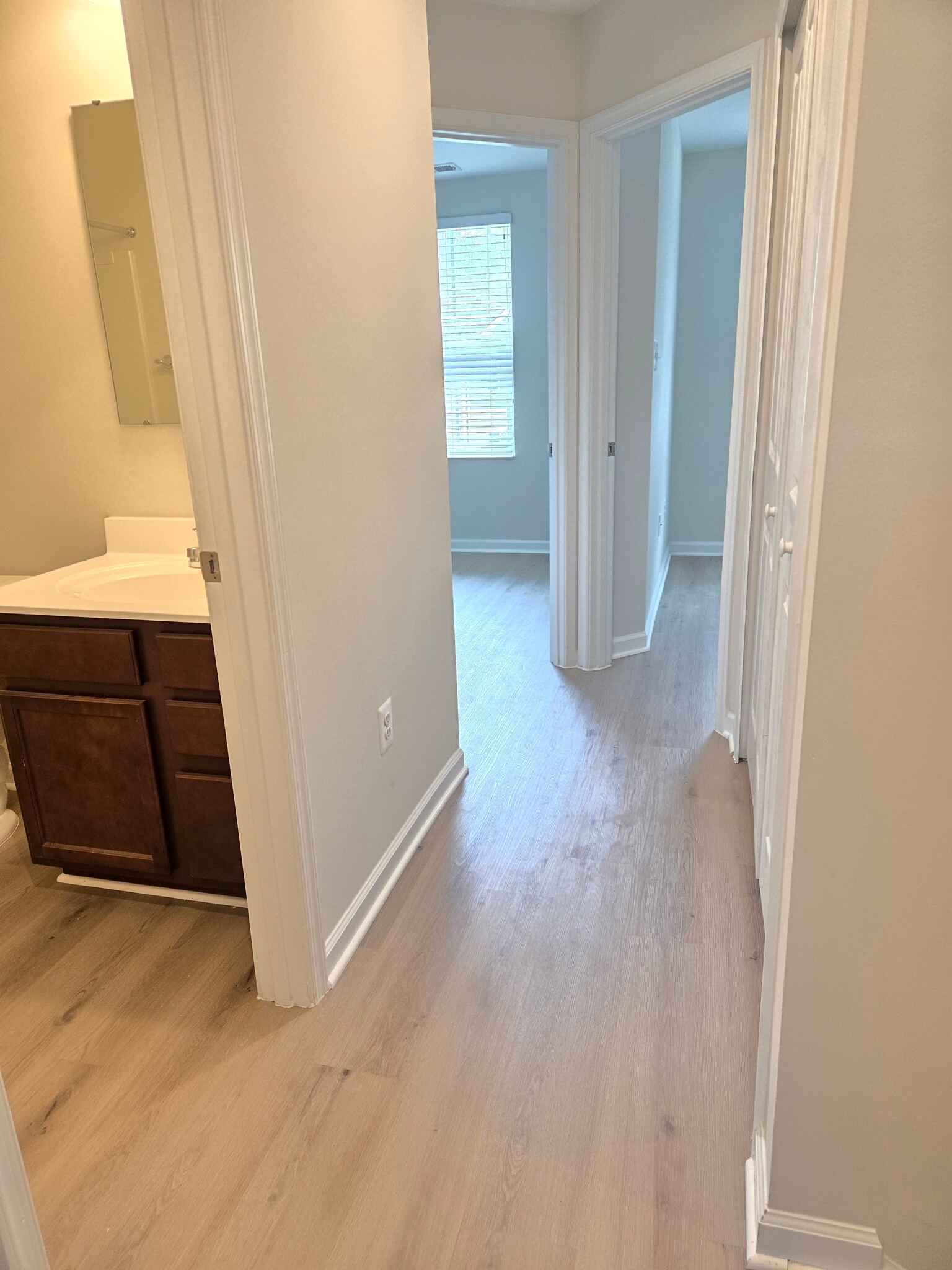 Hallway with Hallway Bathroom on the left and Laundry on the right, with 2nd and 3rd Bedrooms in vie - 293 Sage Circle
