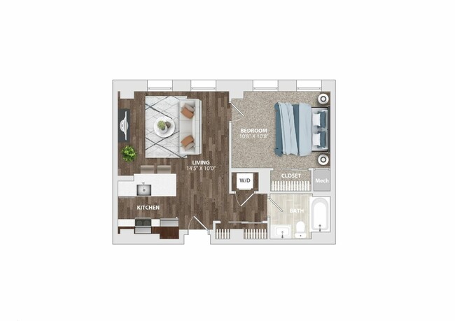 Explore the chic and functional design of this one-bedroom apartment with a roomy living area, sleek kitchen, and convenient in-unit laundry. - The Harriet Apartments