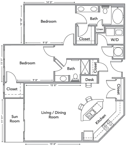 The Sheridan Floor Plan - 2BR/2BA - Boulevard at Anson I