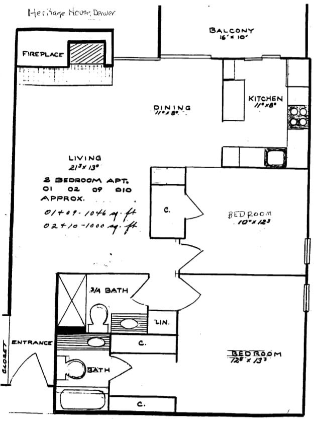 2 Bedroom 2 Bath Floorplan - The Heritage House