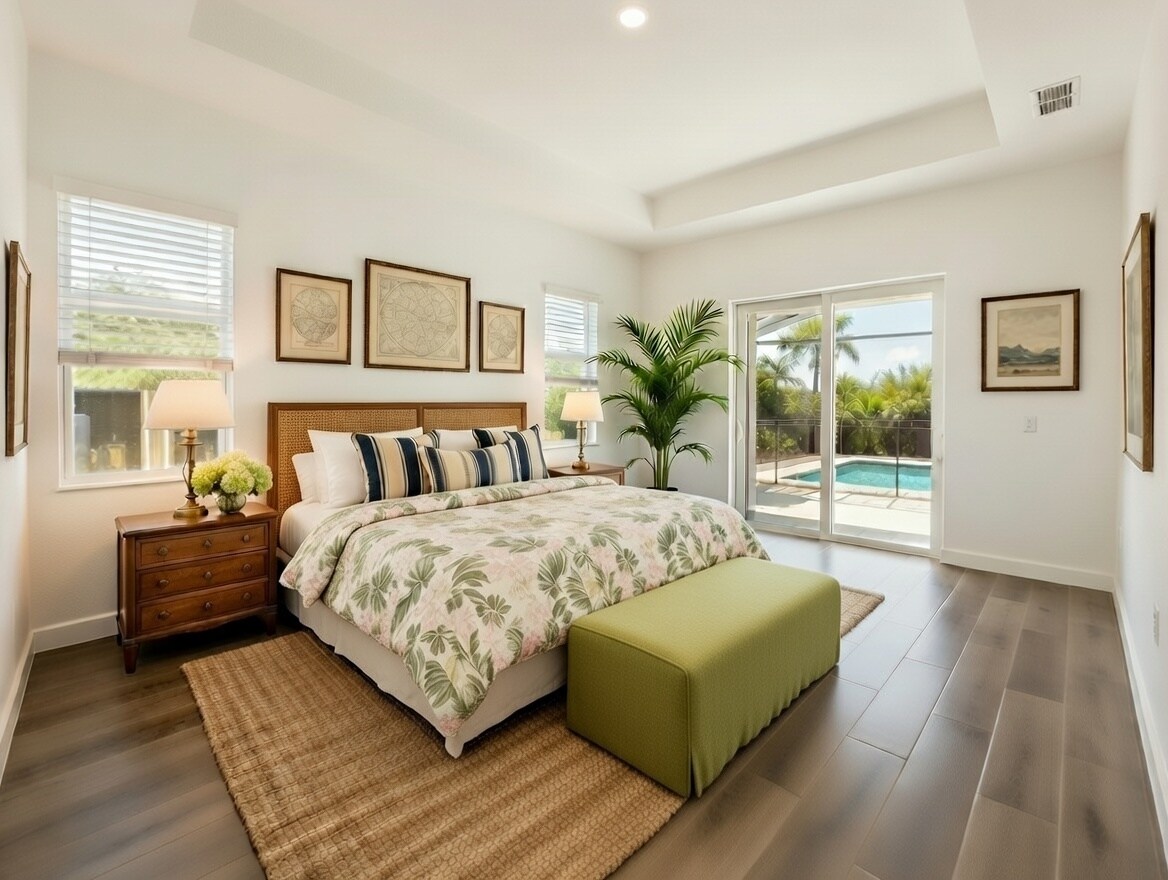 Main bed w/ AI-suggested decor - 8006 Lakes Edge Ln