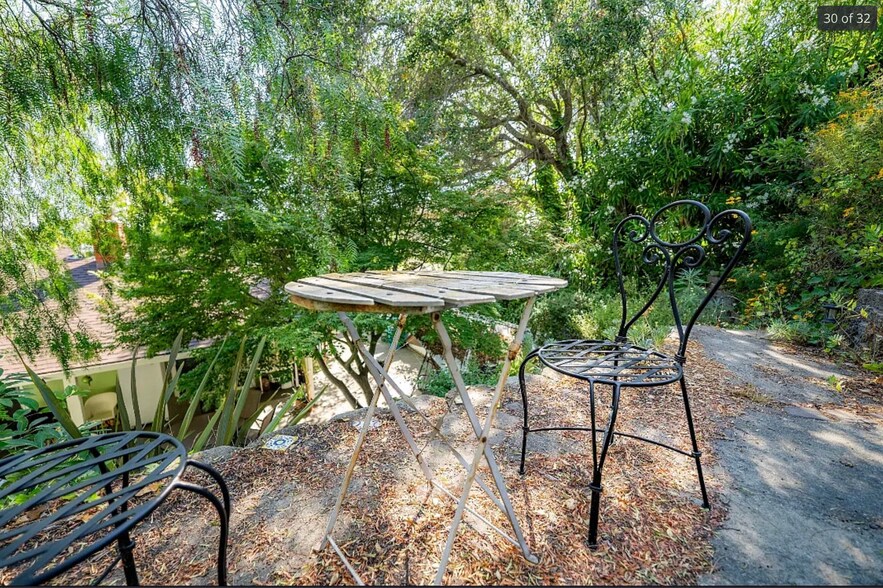 Cute café table and iron chairs at the TOP of terraced garden, views of Bay and Mt. Tam - 136 Farallon Dr