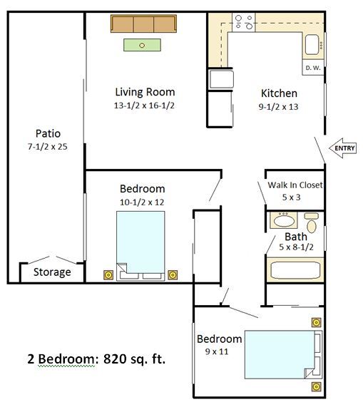 2 bedroom 1 bathroom apartment 820 sf - Garden Club Apartments