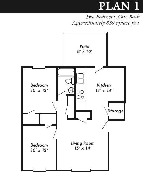 Plan 1 - 2 bed, 1 bath - Southwest