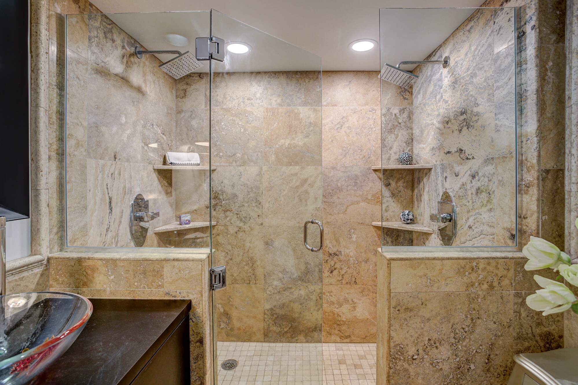 Travertine Bathroom Dual Head Shower - 425 W Beech St