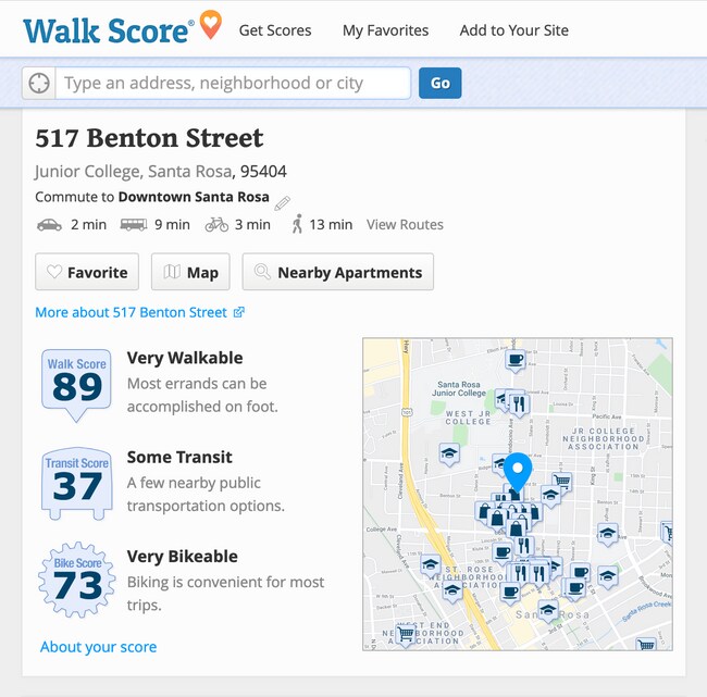 An excellent rating for walkability and good rating for bikeability. - 517 Benton St