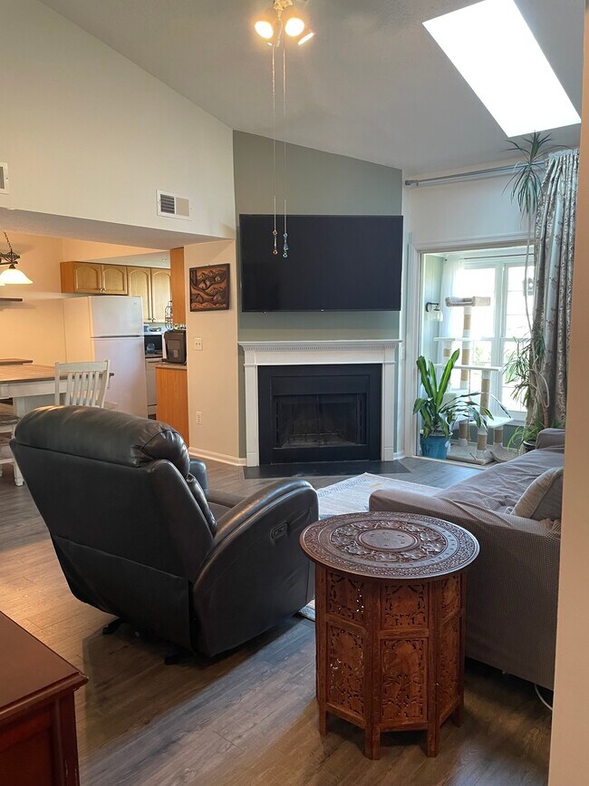 Living Room with fireplace, skylights, and ceiling fans - 108 Prosperity Ave SE