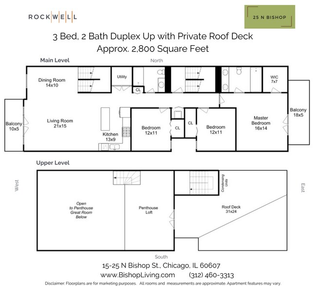Bishop - Duplex Up - 3 Bed, 2 Bath - 2D Floorplan - 25 N Bishop