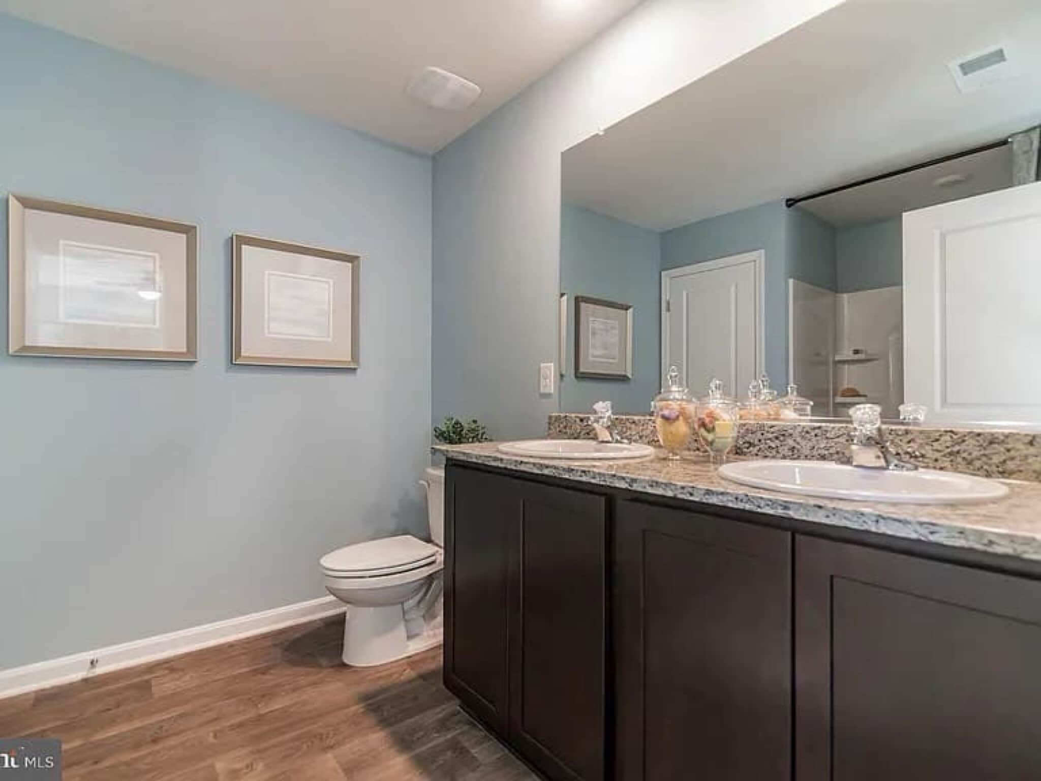 double vanity and linen closet in primary bath with a shower - 377 Aylesbury Ln
