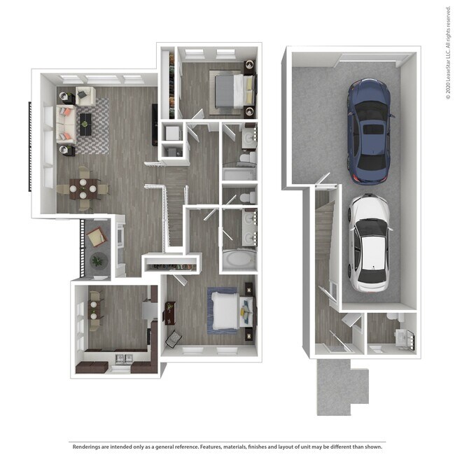 Multi-level two bedroom, two-and-a-half bath townhome. Bedrooms on the top floor with bathrooms in each bedroom for privacy. Washer and dryer included on the second floor for easy access. Attached, two-car tandem garage included. - Trio Townhomes